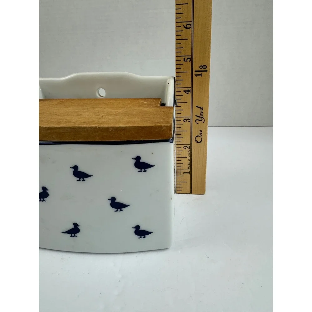 Vintage Shafford Blue Ducks Fine Porcelain Wall Hanging Salt Box Wooden Lid